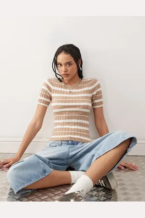 Noisy May Short sleeve rib knit top in beige and cream stripe