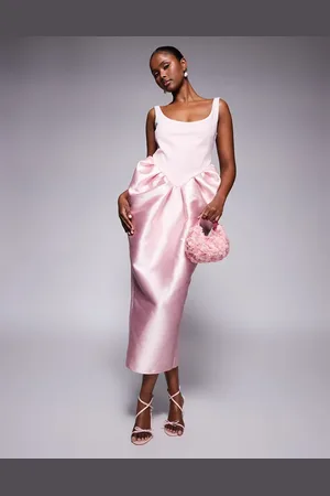 ASOS Scuba scoop neck midi dress with manipulated puff skirt in pale