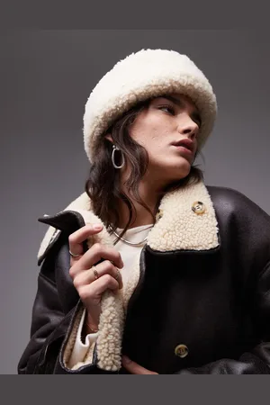 ARKET Premium wool blend faux shearling hat with fold over brim in cream