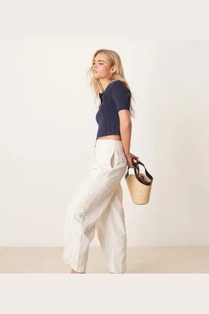 ASOS Petite tailored linen trousers with way tab hem in ecru stripe