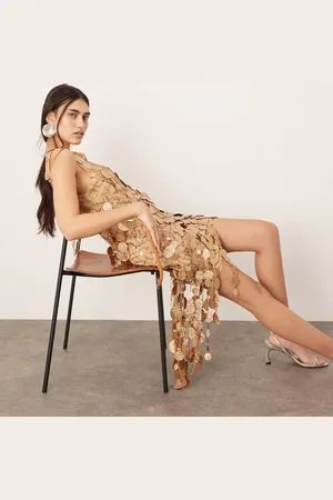 ASOS Sheer lattice sequin asymmetric mini dress with fringe hem in bronze