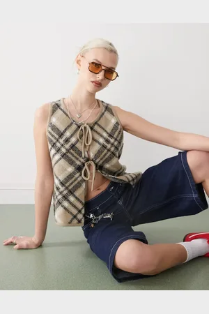 COLLUSION Fluffy knitted waist coat in check