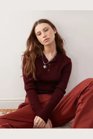 COLLUSION Knitted rib long sleeve henley in cherry red