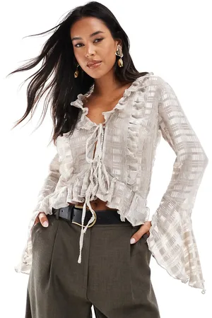 ASOS Self stripe ruffle tie front blouse in mink