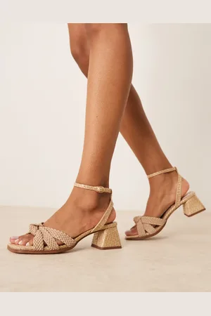ASOS Hummingbird weave detail mid block heeled sandals in stone