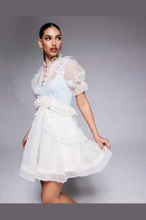 ASOS Pearl embellished organza mini dress with denim bust panel in cream