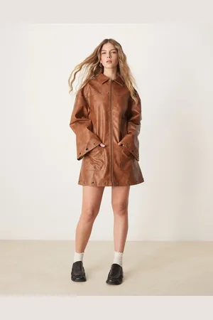 ASOS Pu mini zip through shirt dress with metal stud and eyelet detail in washed tan