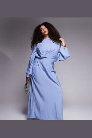 ASOS ASOS DESIGN Curve long sleeve tucked waist bias satin maxi dress in stonewash