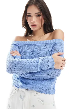 Hollister Off shoulder crochet jumper in light blue