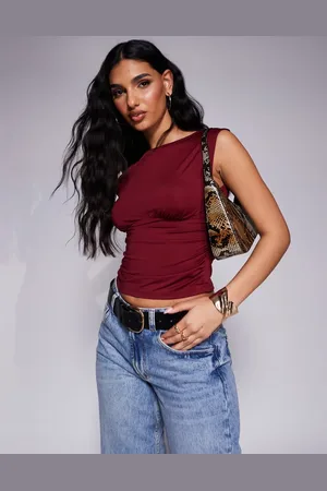 ASOS Boat neck under bust seam detail top in burgundy