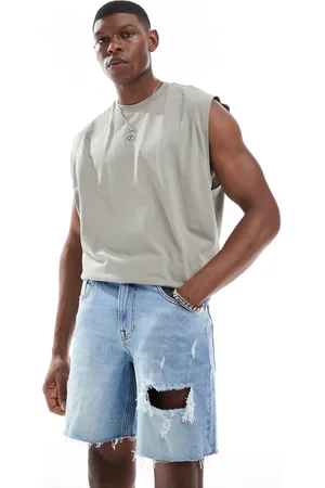 ASOS Mid length slim denim shorts with rips in light wash