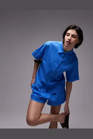 SNDYS Linen blend short sleeve flower applique detail shirt co-ord in bright
