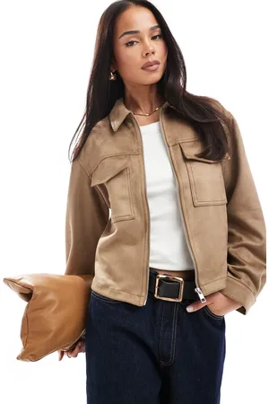 New Look Suedette zip through jacket in tan