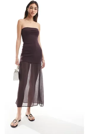 Pull&Bear Drop hem bandeau maxi dress in burgundy