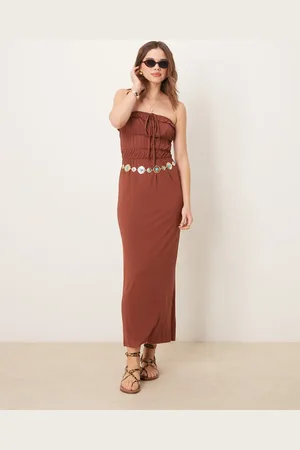 ASOS Bandeau ruffle tiered waist maxi dress in rust
