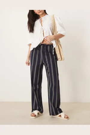 VILA Linen touch tie waist wide leg trouser in stripe