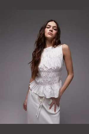Topshop Poplin shirred slash neck top in