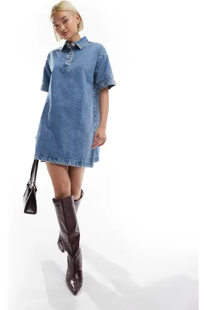 Pieces® Short sleeve button placket mini dress in medium denim