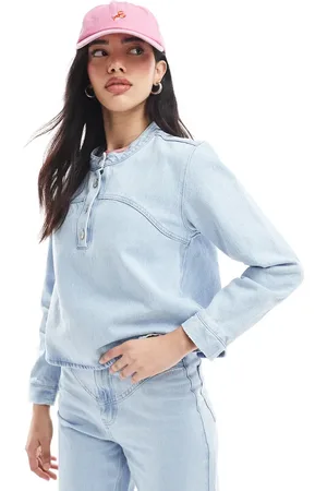 ASOS Collarless western shirt in bleached denim