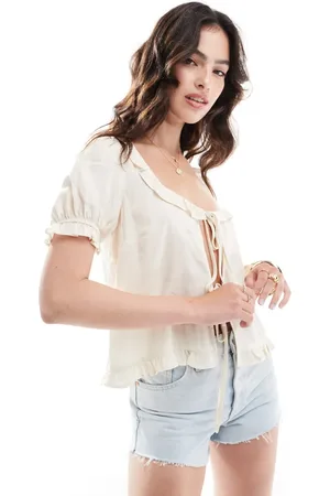 ASOS Linen look scoop neck frill blouse in