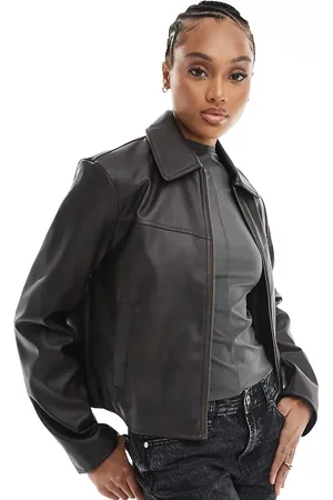 ASOS ASOS DESIGN Tall leather look top collar jacket in washed