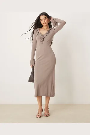 Pretty Lavish Ruffle front knit midaxi dress in stone
