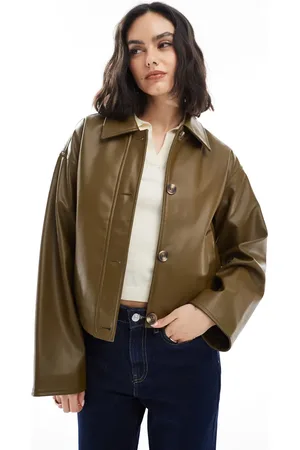 ASOS Leather look button through jacket in olive