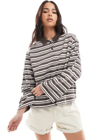 AWARE Long sleeve polo top in chocolate stripe