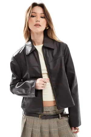 ASOS Leather look top collar jacket in washed