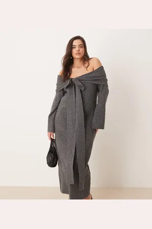 Pretty Lavish Bardot bow midaxi knit dress in charcoal