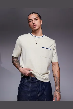 ASOS Relaxed boxy fit crew neck t-shirt with front pocket in cream