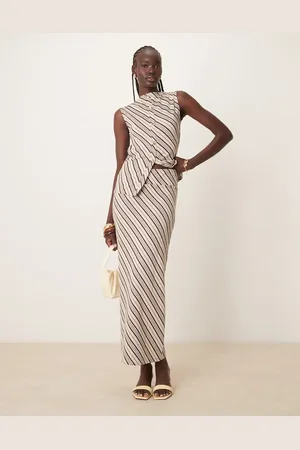 Pretty Lavish Asymmetric stripe jersey maxi skirt co-ord in and cream