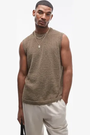 Topman Relaxed crochet crew neck tank in khaki