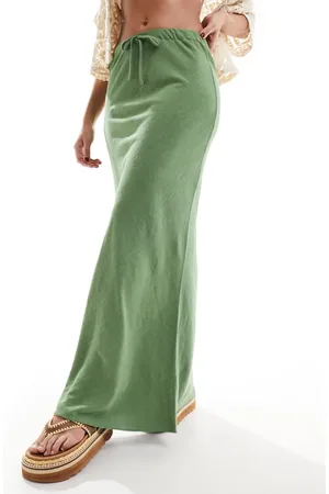 ASOS Linen look tie waist bias maxi skirt in khaki