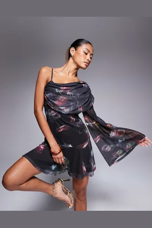 ASOS Draped one sleeve with asym drape mini dress in blurred floral mesh print