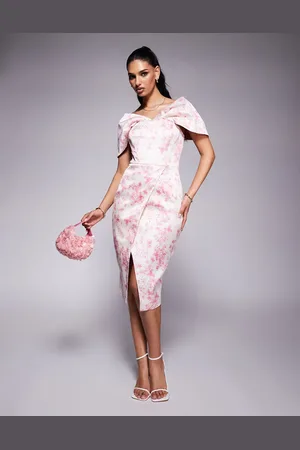Lavish Alice Draped bardot bonded satin midi dress in fushia porcelain print