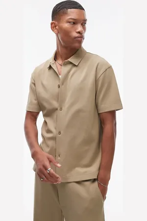 Topman Premium oversized fit button through interlock jersey shirt in light khaki
