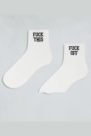 ASOS 2 pack short socks with fuck off graphic in ecru