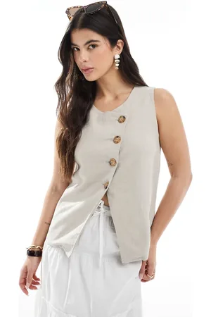 ASOS Linen look asymmetric button front waistcoat in stone
