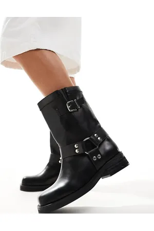 Public Desire Public Desire Stallion Wide Fit square toe flat ankle boots with harness in