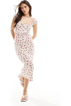 Bershka Milkmaid maxi dress in ecru & red floral