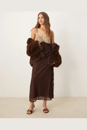 Miss Selfridge Maxi slip dress with contrast lace in chocolate