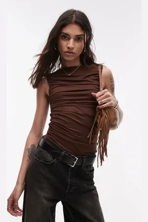 Topshop Jersey ruched slash neck top in brown