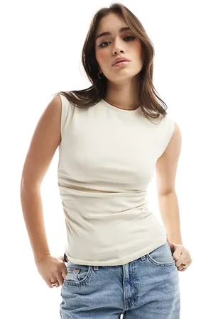 Stradivarius Ruched short sleeve top in beige