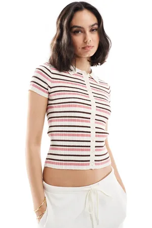 Stradivarius Knitted cropped short sleeve cardigan top in stripes