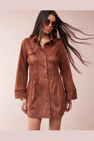ASOS Suedette shirt mini dress with cinched pleat waist in chocolate