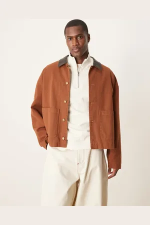ASOS Boxy oversized worker jacket with faux leather collar in tan