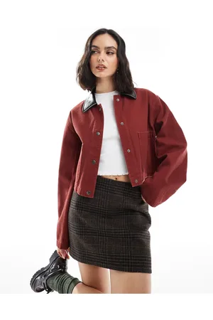ASOS Cropped washed barn jacket with leather look collar in