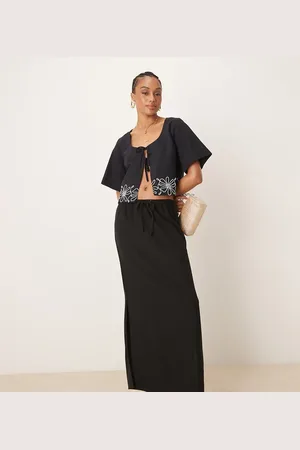 JDY Linen mix elasticated waist midi skirt in
