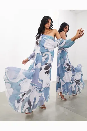 ASOS Sheer draped off shoulder soft maxi dress in blue swirl print